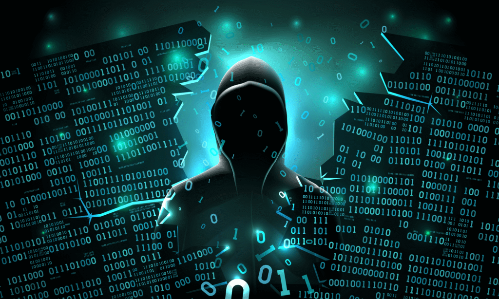 Cybersecurity for Beginners – person using a secure laptop with shield icon, password manager, antivirus protection, and online privacy symbols.